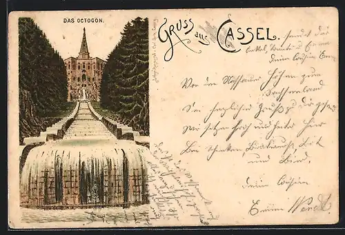 Lithographie Cassel, Octogon, Frontansicht mit Kaskaden-Wasserfall