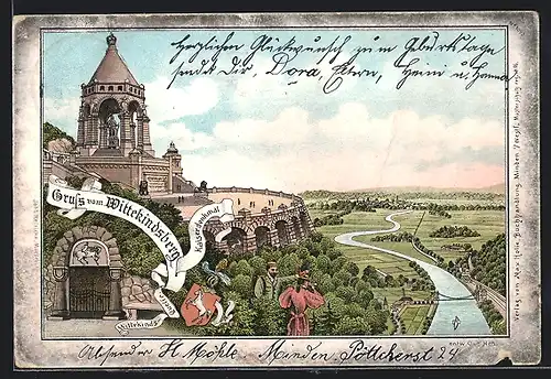 Lithographie Porta Westfalica, Kaiserdenkmal auf dem Wittekindsberg, Ortsansicht