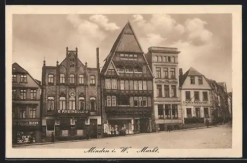 AK Minden i. Westf., Markt mit Kleiter`s Restaurant, Cafe Rheingold und Haus Schmieding