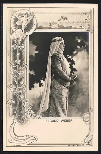 Foto-AK Atelier Reutlinger, Paris, Schauspielerin Segong Weber im Seitenprofil mit langem Kleid, Schleier und Krone