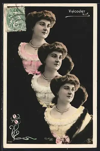 Foto-AK Atelier Reutlinger, Paris: Schauspielerin Vincourt mit hochgestecktem Haar und Perlenkette