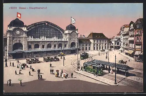AK Basel, Strassenbahn an der Haltestelle vor dem Bahnhof