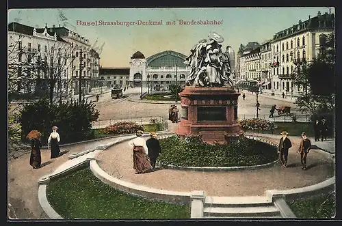 AK Basel, Strassburger-Denkmal mit Bundesbahnhof