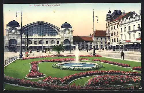 AK Basel, Bundesbahnhof mit Springbrunnen