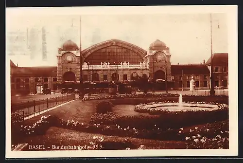 AK Basel, Bundesbahnhof mit Springbrunnen