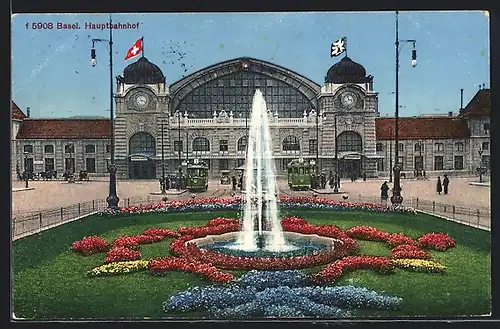 AK Basel, Hauptbahnhof mit Strassenbahn und Springbrunnen