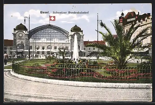 AK Basel, Schweizer Bundesbahnhof mit Strassenpartie