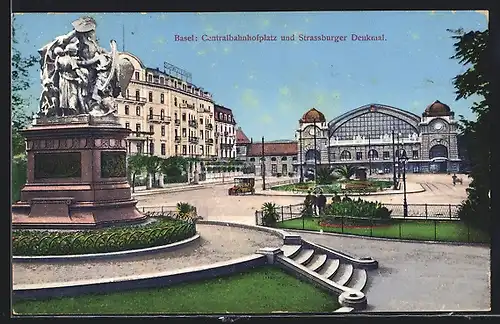 AK Basel, Centralbahnhofplatz und Strassburger Denkmal