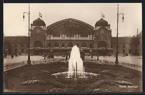 AK Basel, Bahnhof mit Springbrunnen