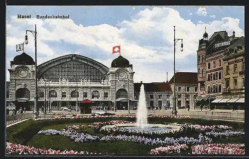 AK Basel, Bundesbahnhof mit Springbrunnen