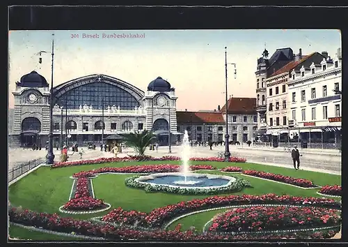 AK Basel, Bundesbahnhof mit Springbrunnen