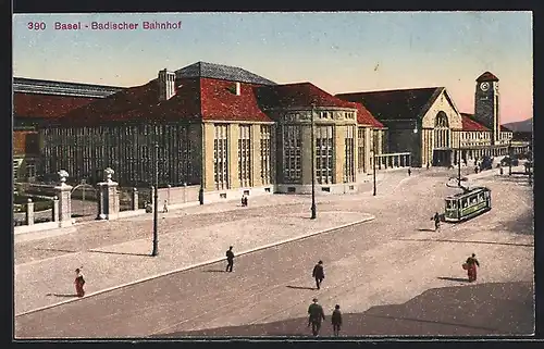 AK Basel, Badischer Bahnhof mit Strassenbahn