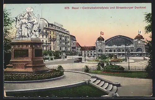 AK Basel, Centralbahnhofplatz und Strassburger Denkmal