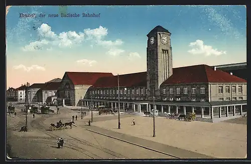 AK Basel, neuer Badischer Bahnhof mit Droschkenparkplatz