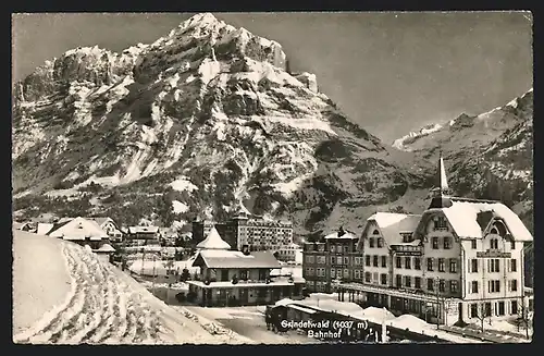 AK Grindelwald, Bahnhof im Schnee