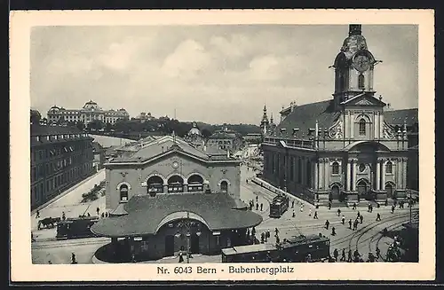 AK Bern, Bubenbergplatz mit Bahnhof und Strassenbahn