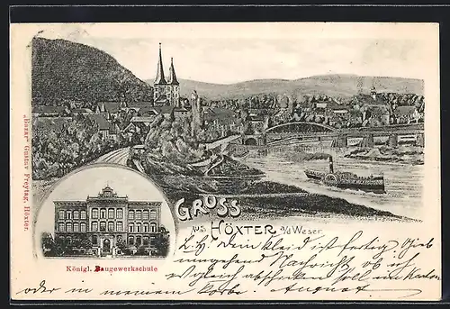 AK Höxter /Weser, Kgl. Baugewerkschule, Ortsansicht mit Brücke und Dampfer