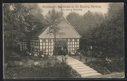 AK Duisburg, Monning, Gasthaus zum Westfälischen Bauernhaus G. Deuerlein mit Garten aus der Vogelschau