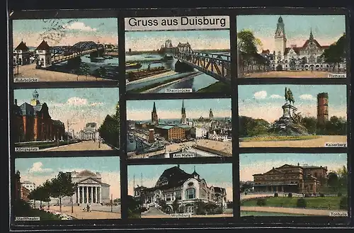 AK Duisburg, Königsplatz, Hafen, Ruhr- und Rheinbrücke