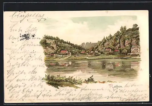 Lithographie Rathen, Ortsansicht vom Wasser aus