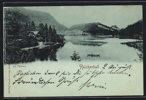 Mondschein-AK Reichenhall, Thumsee mit Gebäude