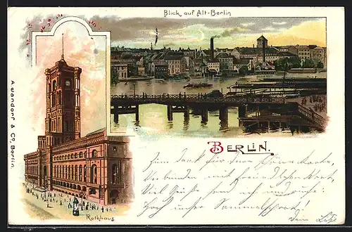 Lithographie Alt-Berlin, Blick auf Alt-Berlin, rote Rathaus