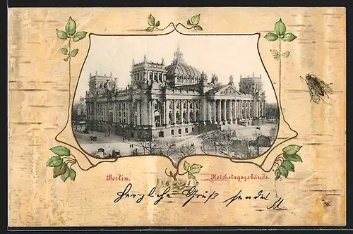 Passepartout-Lithographie Berlin-Tiergarten, Reichstagsgebäude, Blätter, Birkenrinde, Insekt