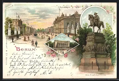 Lithographie Berlin, Strassenpartie Schlossbrücke mit Blick auf Ruhmeshalle