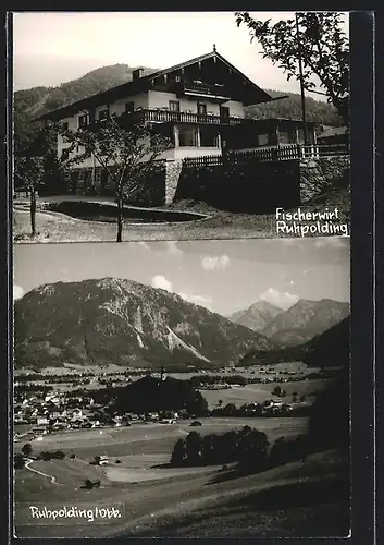 Foto-AK Ruhpolding /Obb., Gasthaus Fischerwirt, Gesamtansicht mit Bergpanorama