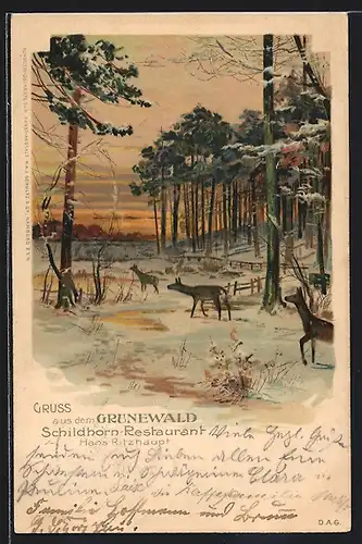 Lithographie Berlin-Grunewald, Waldpartie mit Rehen im Schnee