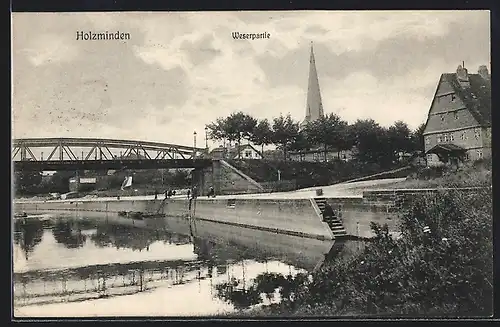 AK Holzminden, Partie mit Blick auf eine Weserbrücke