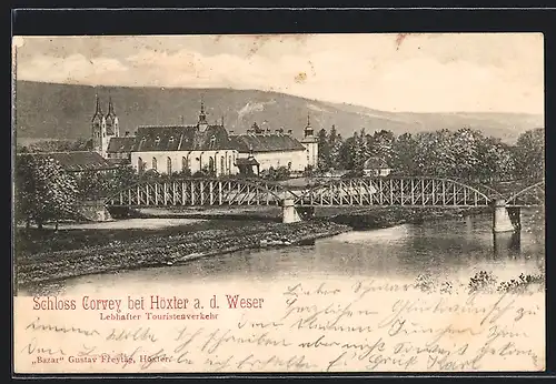 AK Höxter a. d. Weser, Blick über Brück auf Schloss Gorvey