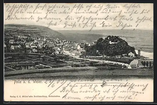AK Polle a. d. Weser, Blick über Feldanbau auf Ortschaft, Burgruine auf Hügel daneben