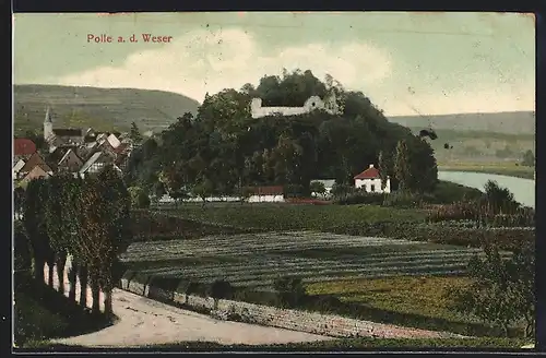 AK Polle a. d. Weser, Blick über Feldanbau auf Burgruine