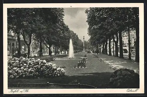 AK Krefeld a. Rh., Ostwall, Grünanlage an Allee mit Springbrunnen