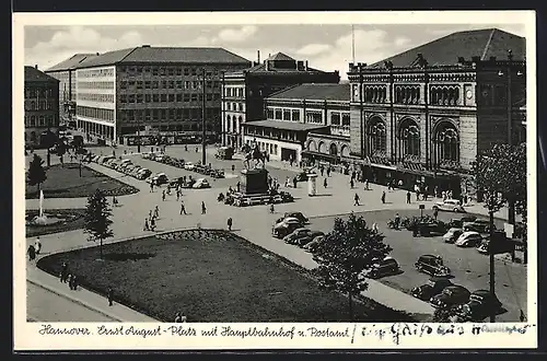 AK Hannover, Ernst-August-Platz mit Hauptbahnhof und Postamt