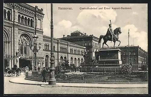 AK Hannover, Hauptbahnhof und Ernst-August-Denkmal