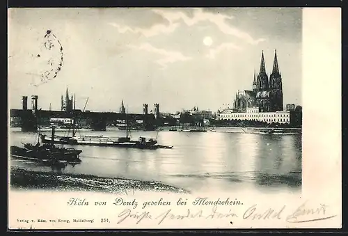AK Köln, Blick auf den Dom über den Rhein bei Mondschein