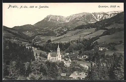 AK Prein an der Rax, Ortspartie mit Kirche aus der Vogelschau