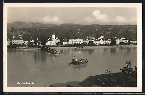 AK Aschach a. D., Uferpartie mit Kirche