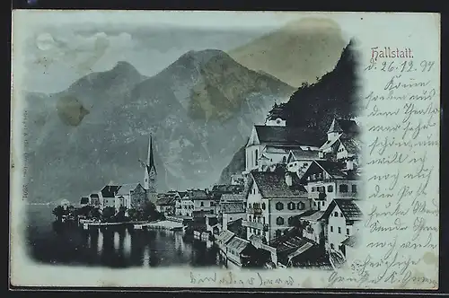 Mondschein-AK Hallstatt, Blick zur Kirche