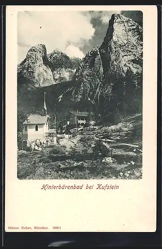 AK Hinterbärenbad bei Kufstein, Blick auf Kirche und Berghaus gegen Gebirgsmassiv