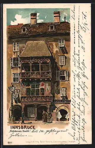 Lithographie Innsbruck, Goldenes Dachl mit Strassenpartie