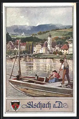 Künstler-AK Deutscher Schulverein Nr. 440: Aschach a. D., Blick zum Ort, Ruderboot