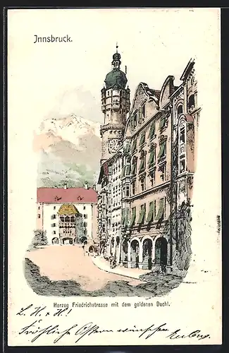 Künstler-AK Innsbruck, Herzog Friedrichstrasse mit goldenem Dachl