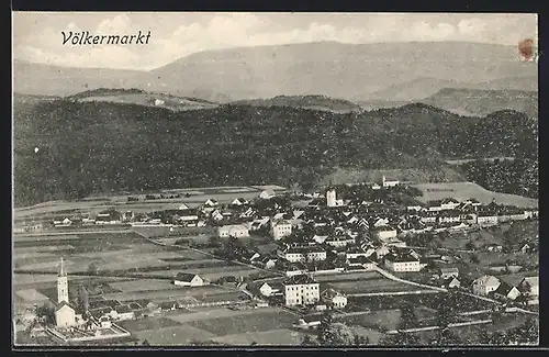 AK Völkermarkt, Ortsansicht mit Kirche und Friedhof