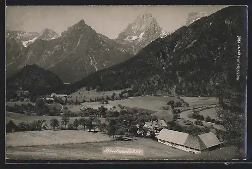 AK Hinterstoder, vereinzelte Häuser gegen Bergpanorama