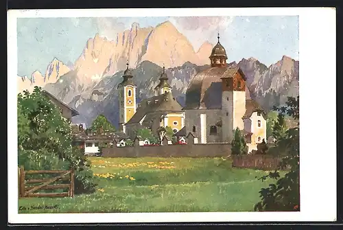 Künstler-AK Edo v. Handel-Mazzetti: St. Johann in Tirol, Antoniuskapelle und Pfarrkirche gegen den Wilden Kaiser