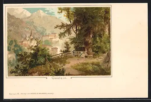 AK Gastein, Blick vom Aussichtspunkt auf einem Berg