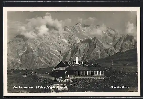 AK Strub, Gasthaus Gotzenalm mit Blick auf den Watzmann